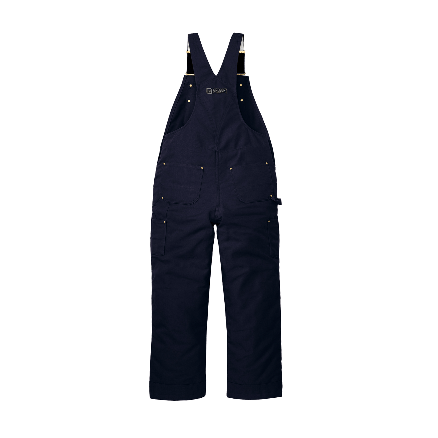 Gregory Construction - Tall Firm Duck Insulated Bib Overalls showcased in navy blue with adjustable suspenders and multiple pockets.