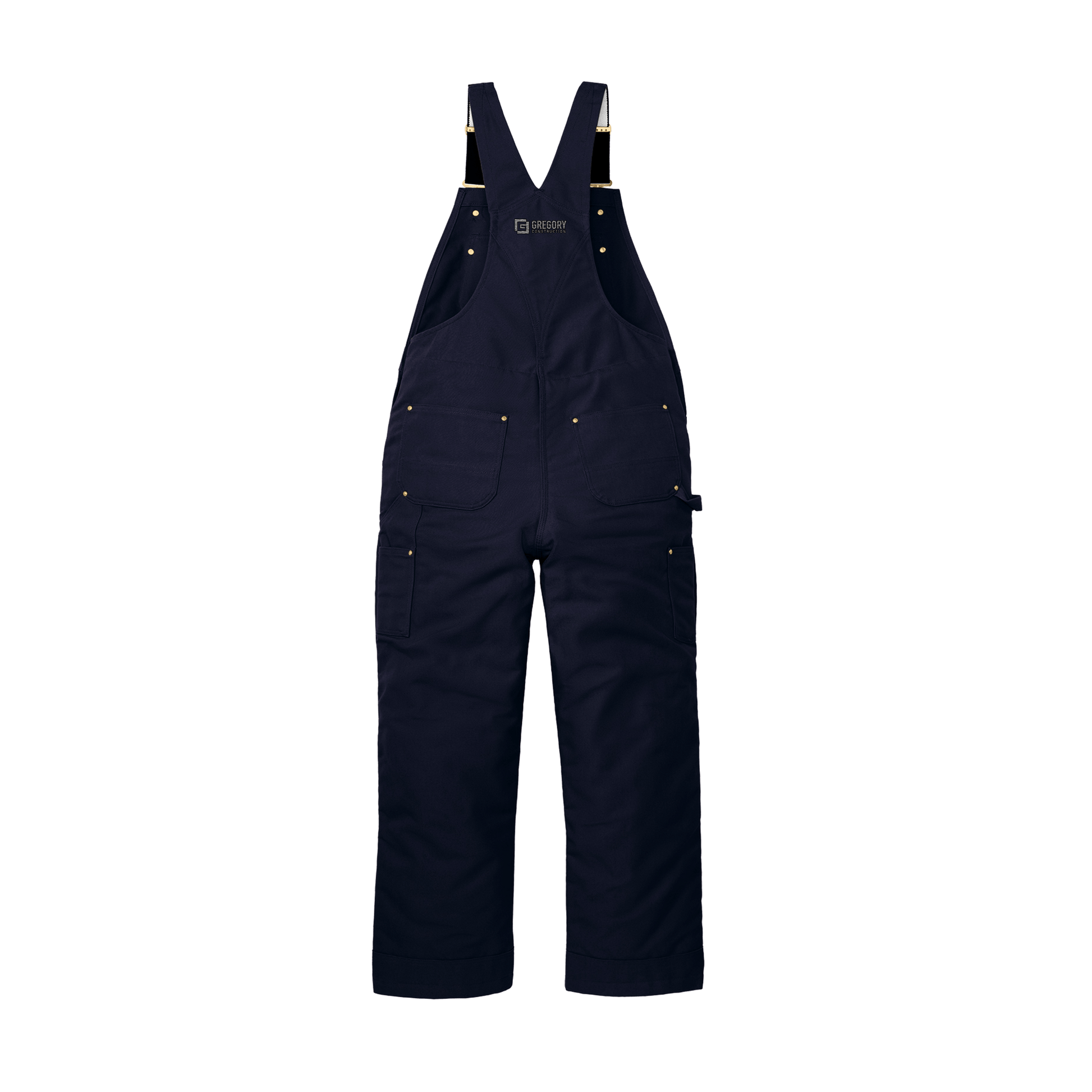Gregory Construction - Tall Firm Duck Insulated Bib Overalls showcased in navy blue with adjustable suspenders and multiple pockets.