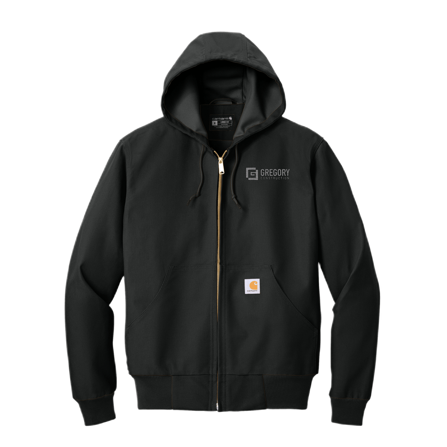 Gregory Construction - Tall Thermal-Lined Duck Active Jac in black with hood and zippered front.