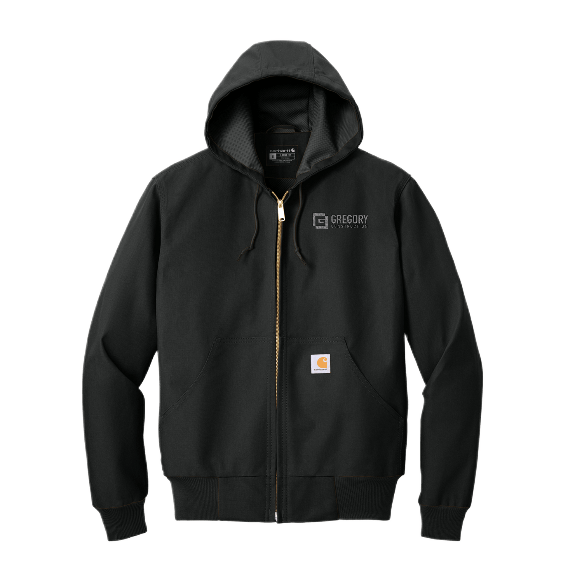 Gregory Construction - Tall Thermal-Lined Duck Active Jac in black with hood and zippered front.