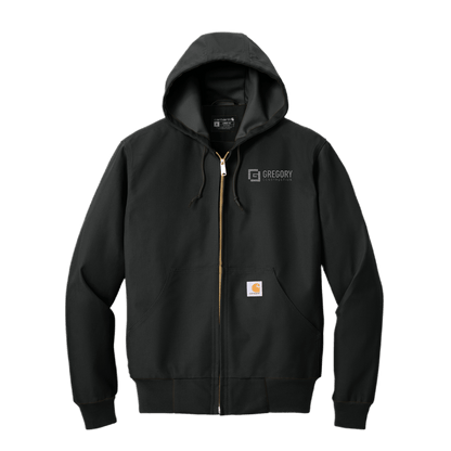 Gregory Construction - Tall Thermal-Lined Duck Active Jac in black with hood and zippered front.