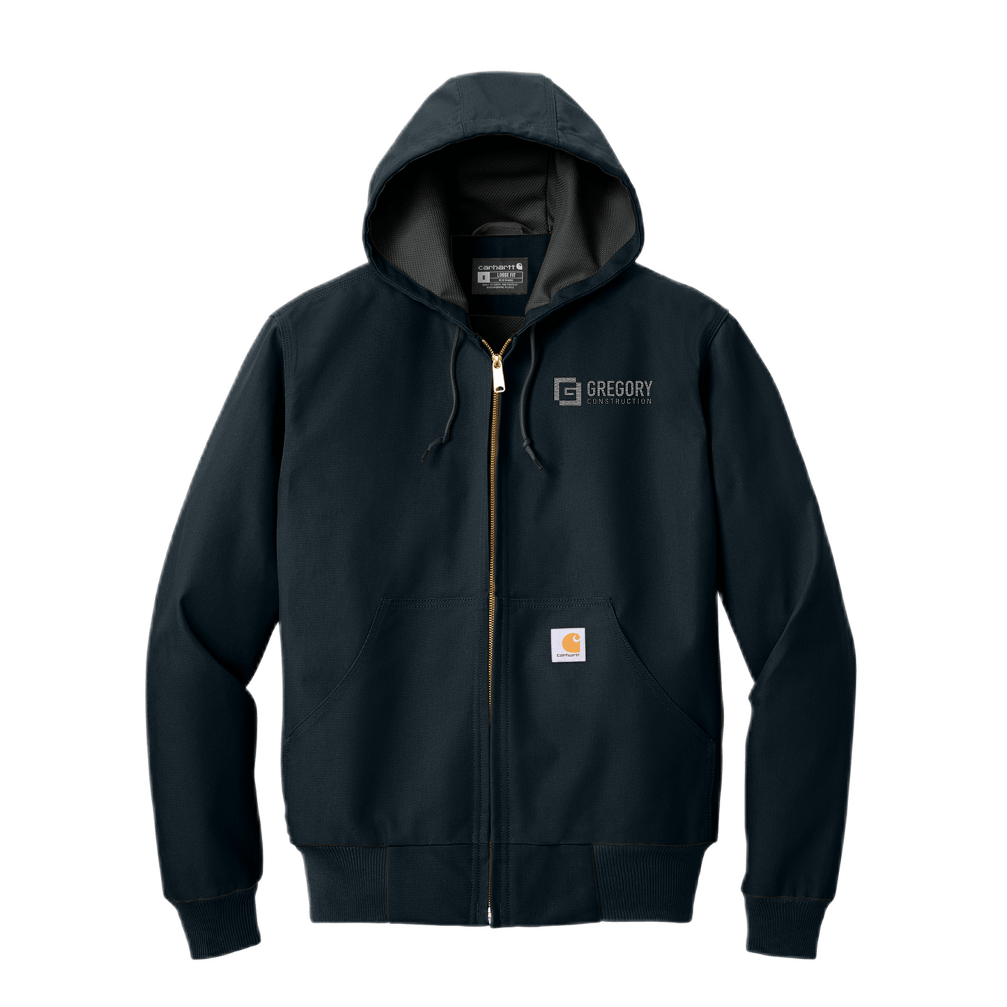 Gregory Construction - Tall Thermal-Lined Duck Active Jac in black with hood and Carhartt label on the pocket.