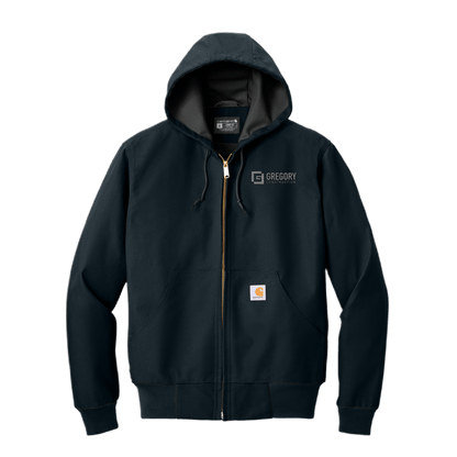 Gregory Construction - Tall Thermal-Lined Duck Active Jac in black with hood and Carhartt label on the pocket.