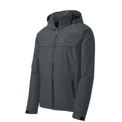 Gregory Construction - Tall Torrent Waterproof Jacket displayed in dark gray with hood and zippered pockets